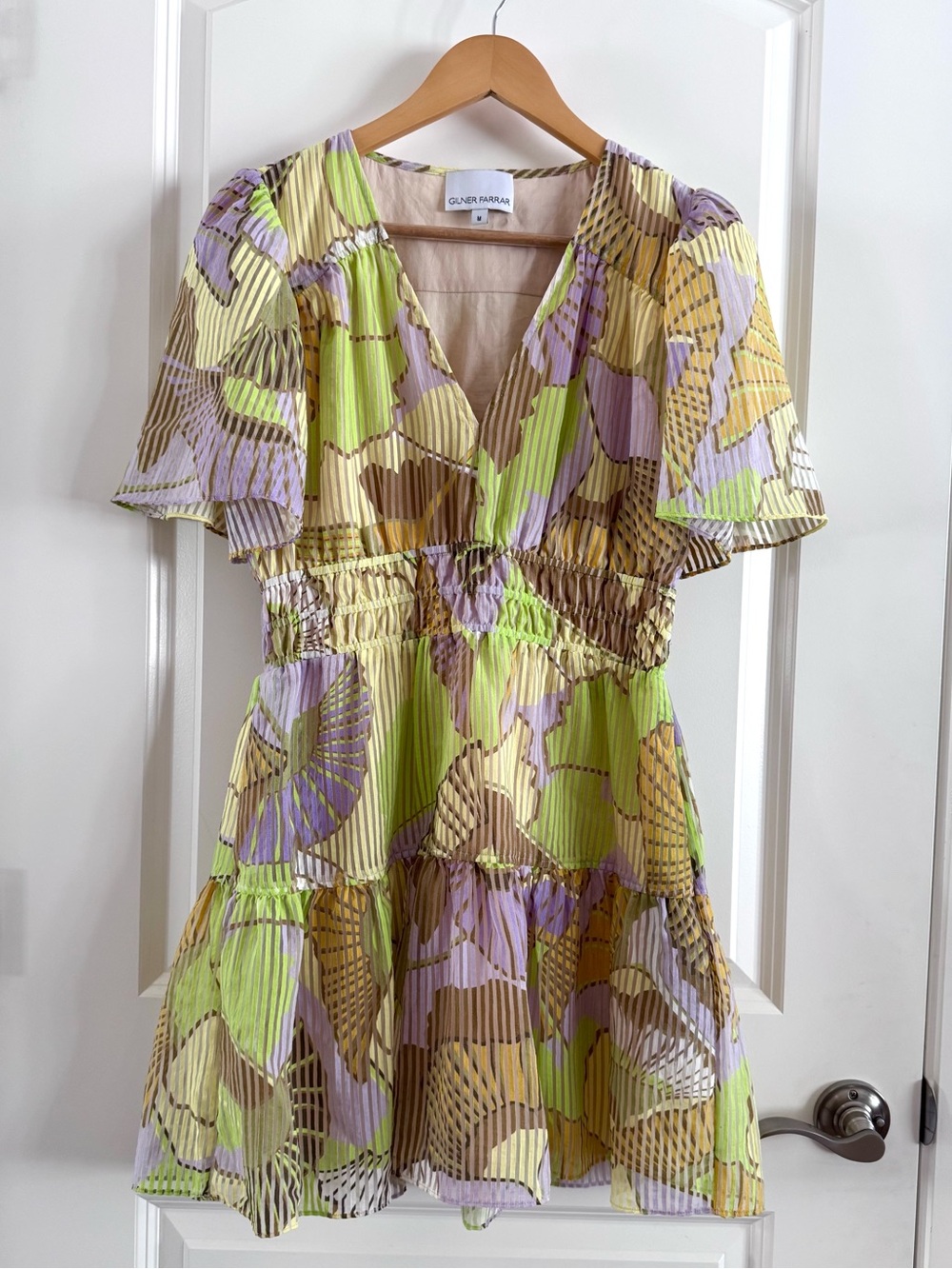 Gilner Farrar V-Neck Mini Dress in Pastel Green & Lilac happy fan print pockets